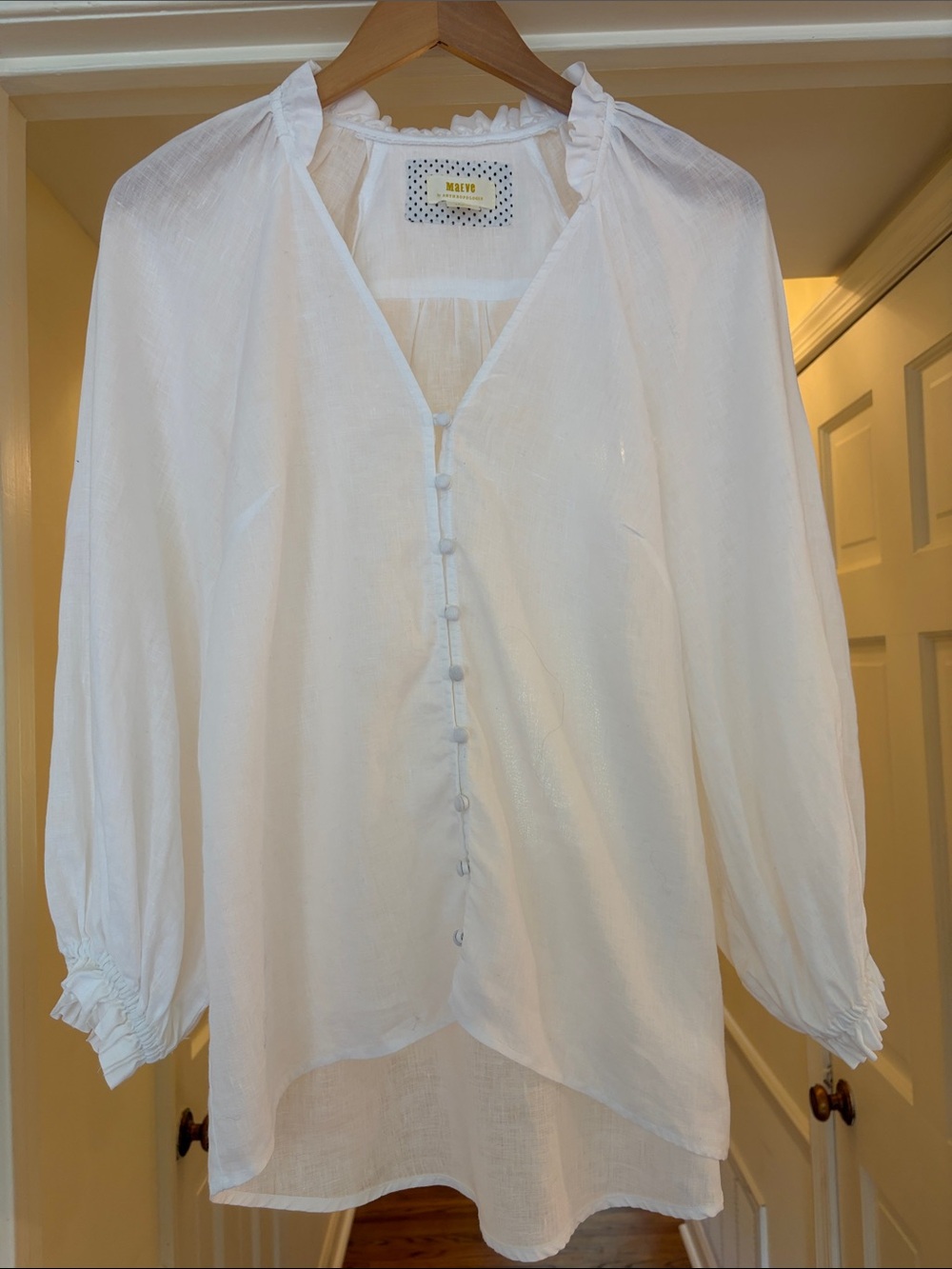 Anthropologie Maeve White Ruffle-Collar Linen Button-Front Blouse